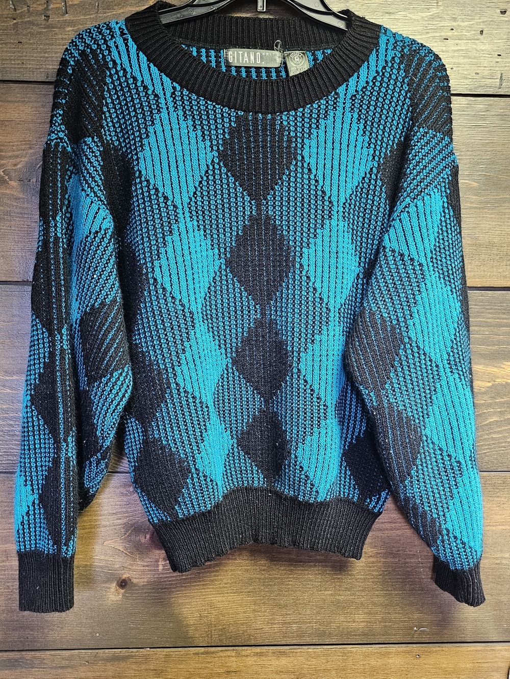 Gitano Men's Teal and Black Diamond-Pattern Crewneck Sweater Vintage 90s Medium